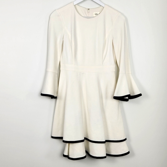Eliza J White 3/4 Bell Sleeve Black Trim Tiered Fit & Flare Dress Women’s Size 4 - Picture 2 of 7